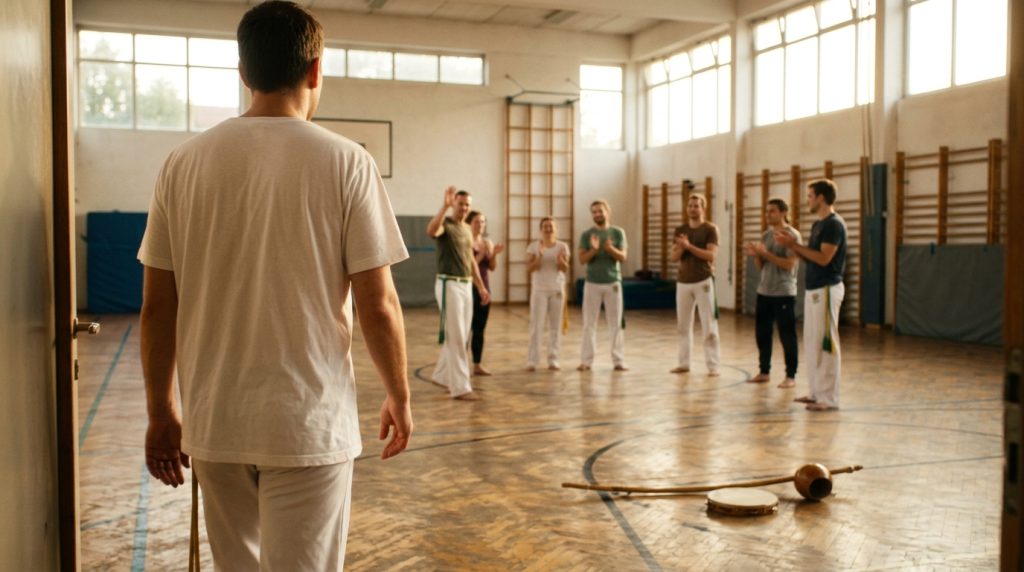Un adulte débutant, vu de dos, rejoint un groupe de capoeiristes réunis en cercle pour un cours d’essai