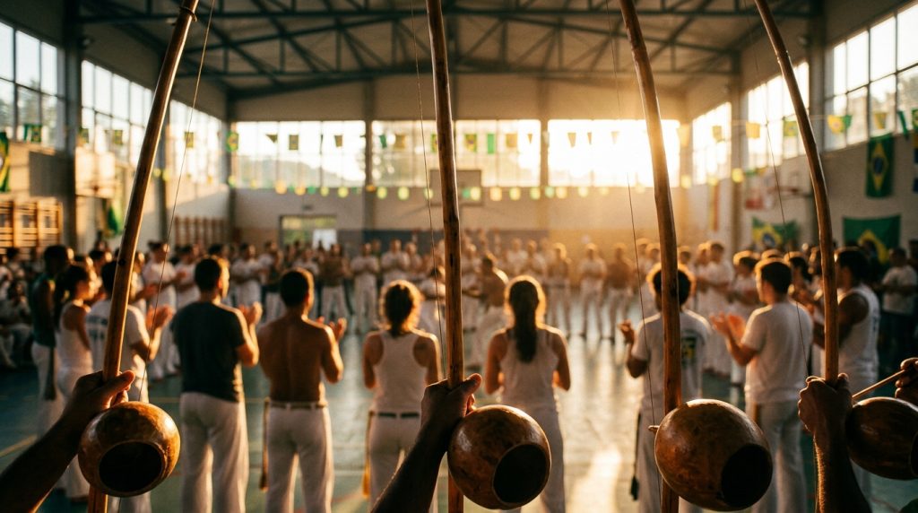 Berimbaus à contre-jour devant une roda de capoeira dans un gymnase, illustration du festival Jacobina Arte