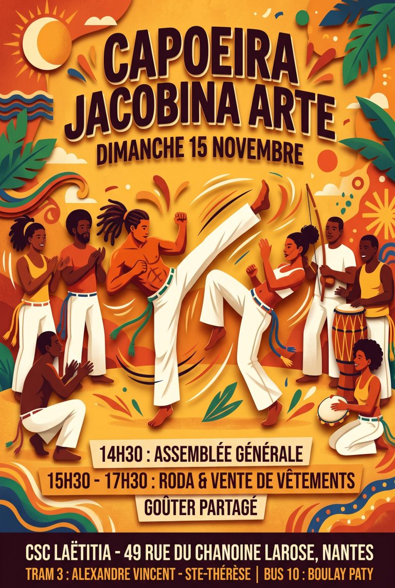 Affiche de l'AG, de la roda et de la vente de vêtements du 15 novembre 2026 au CSC Laëtitia