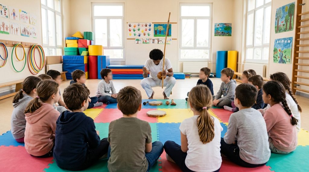 Atelier de capoeira à l’école : des enfants assis en cercle écoutent un intervenant qui présente le berimbau